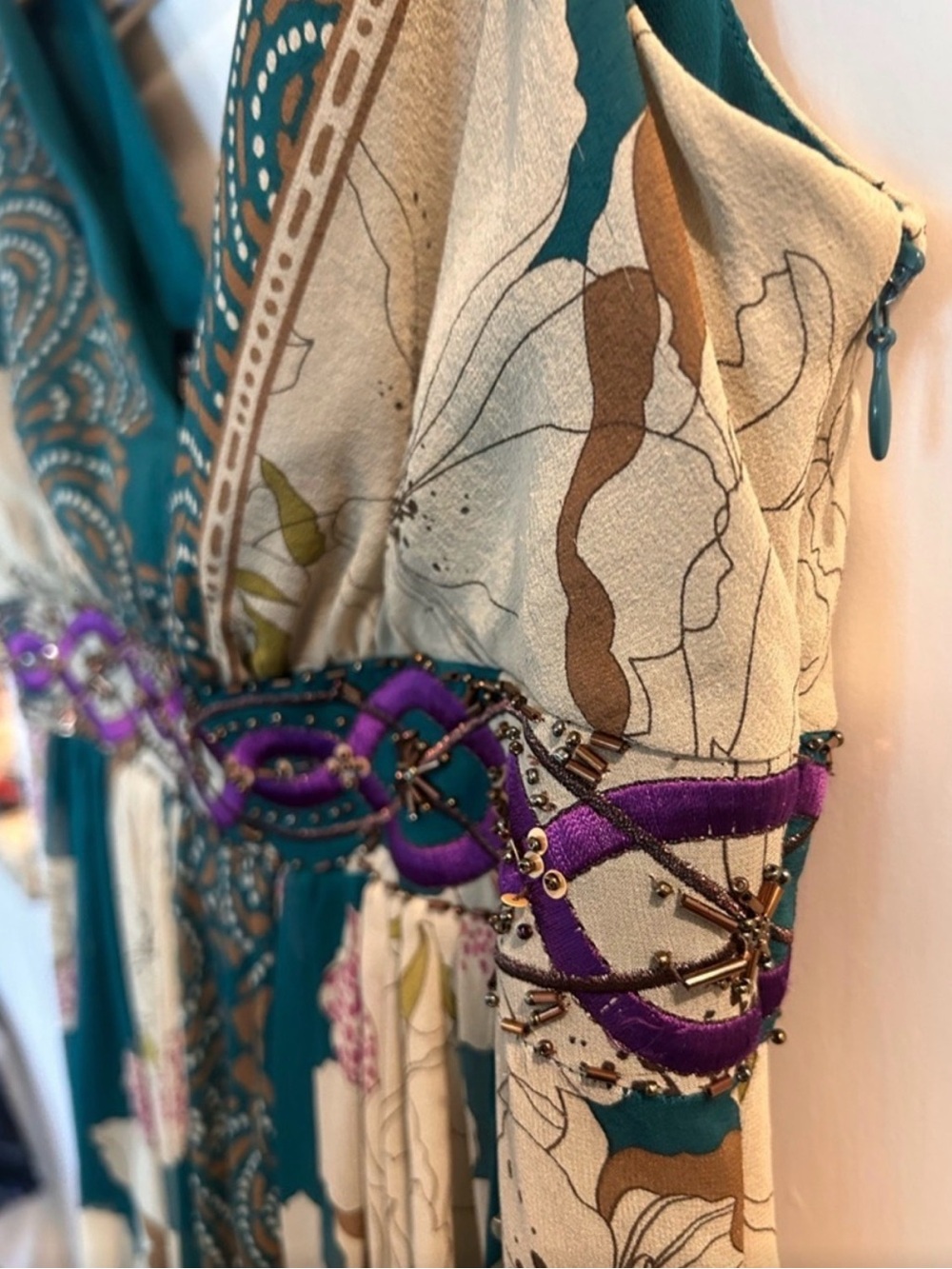 Adrianna Papell Teal Floral V-Neck Dress with Purple Embellished Waist - Picture 6 of 13